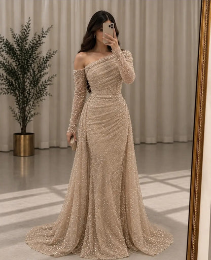 Sequined Asymmetrical Gown with Side Train