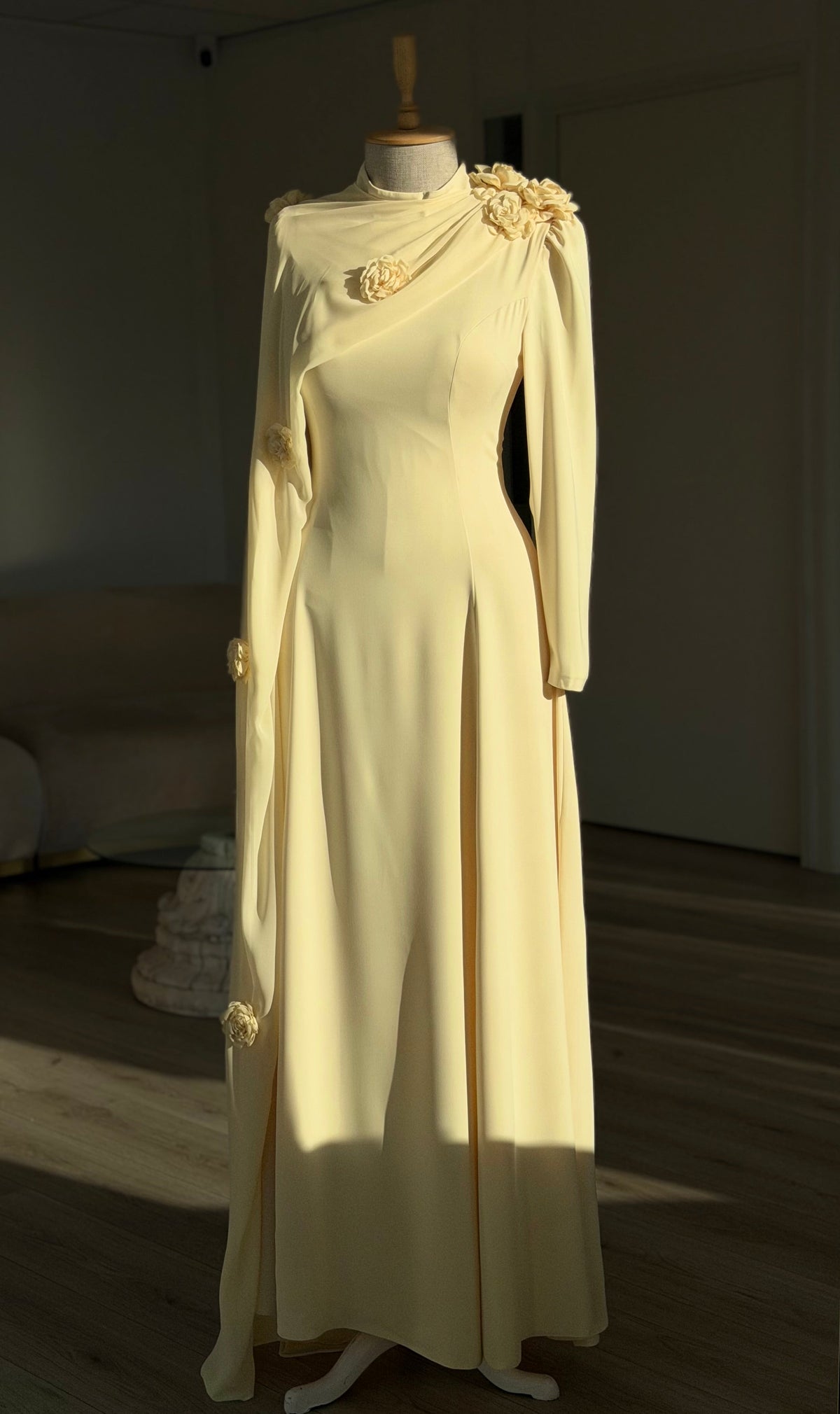 High-Neck Maxi Gown with Draped Rosette Cape