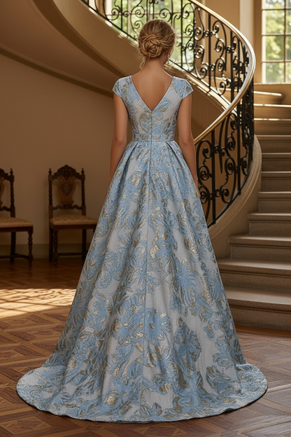 Jacquard Evening Gown with Embroidered Sheath Skirt