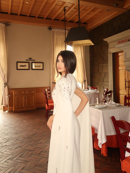 Beaded Square Neck Evening Gown with Cape