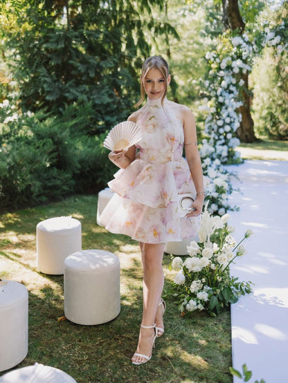 Floral Tiered Halter Mini Dress with Open Back
