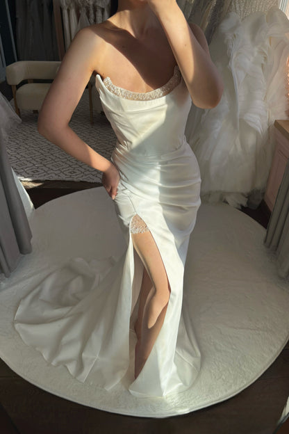Strapless Ruched Satin Wedding Dress with Slit