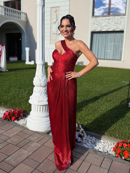 One-Shoulder Pleated Evening Gown