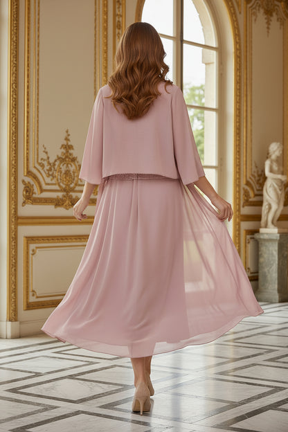 Embroidered Tea-Length Dress with Chiffon Jacket
