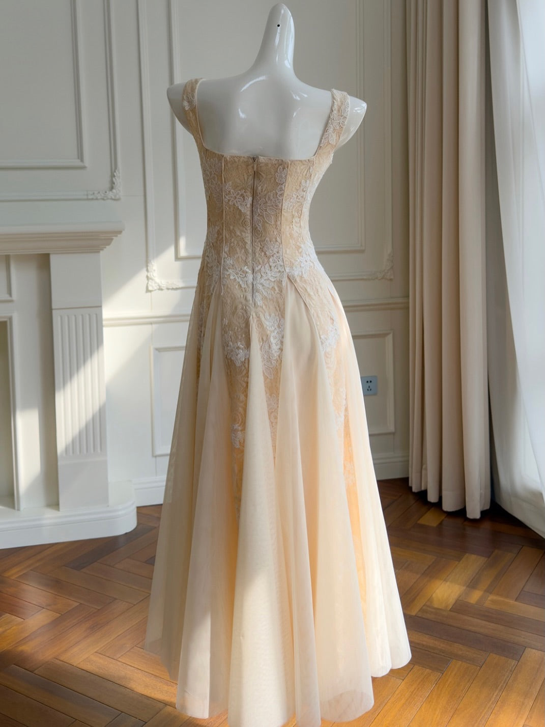 Square Neck Lace Corset A-Line Maxi Dress