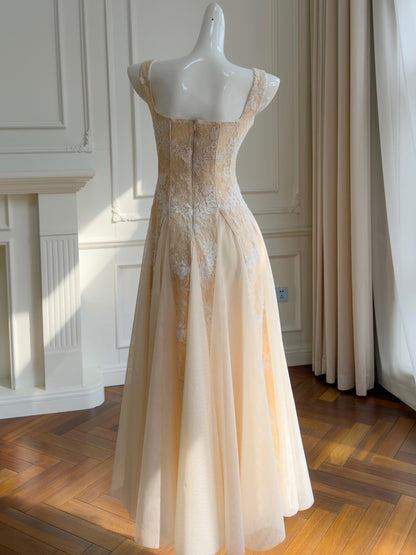 Square Neck Lace Corset A-Line Maxi Dress
