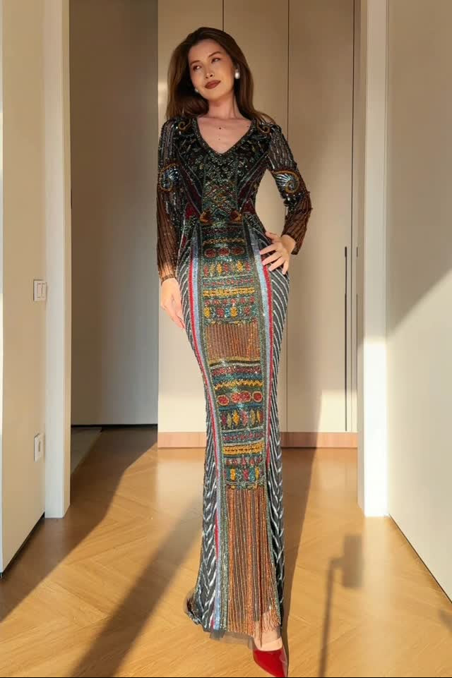 Beaded Long Sleeve V-Neck Maxi Column Dress