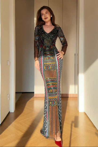 Beaded Long Sleeve V-Neck Maxi Column Dress