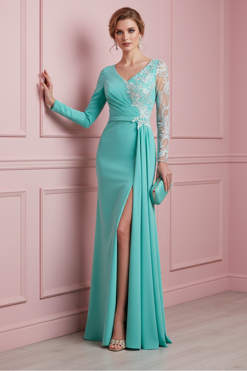 Asymmetrical Illusion Sleeve Formal Gown