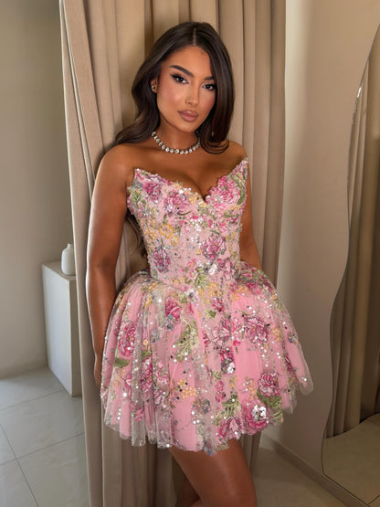 Strapless Floral Embroidered Mini Corset Dress