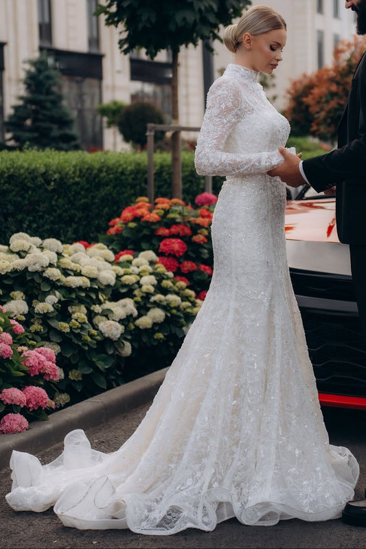 High Neck Long Sleeve Mermaid Lace Wedding Dress