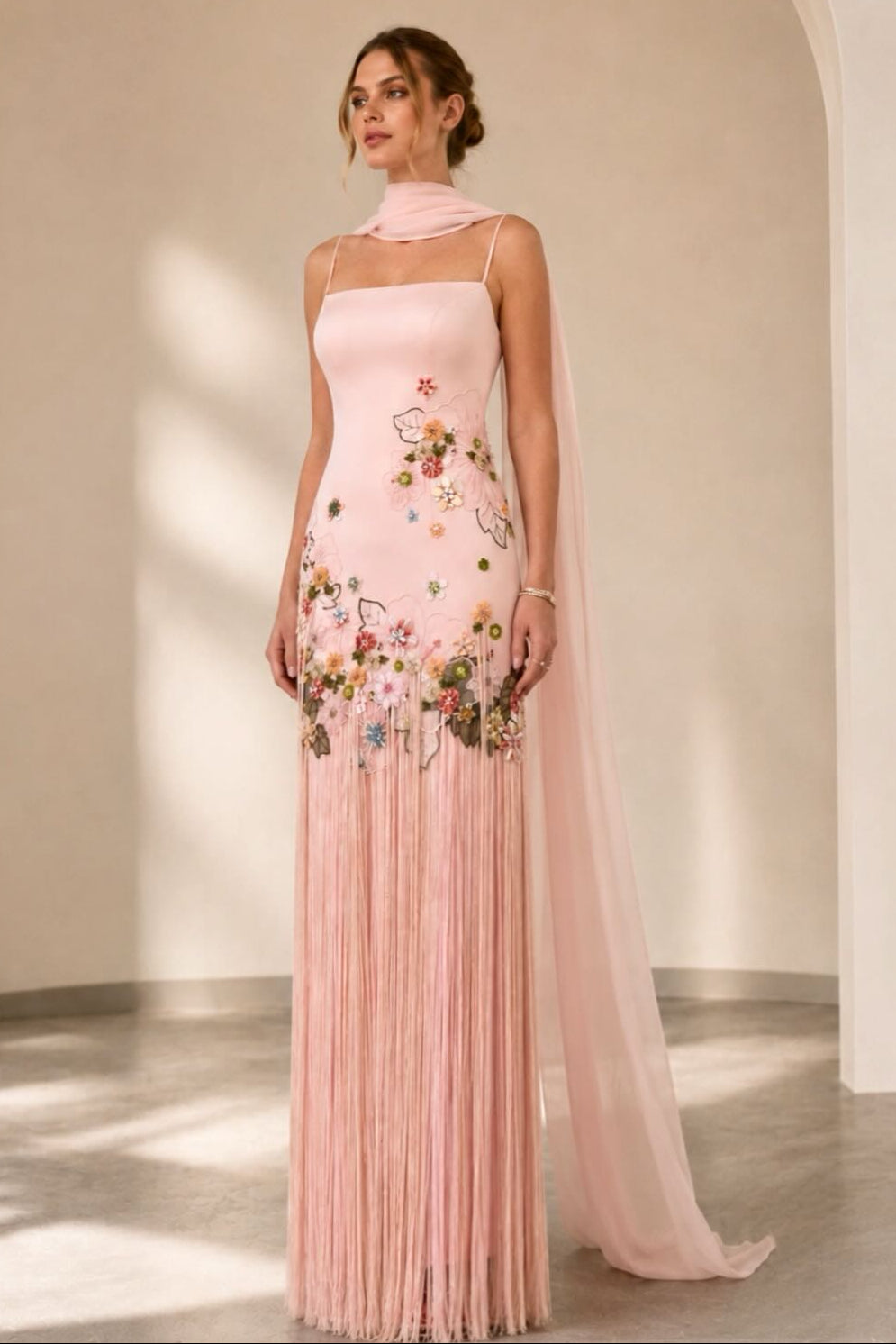 Floral Embroidered Fringe Column Gown with Shawl