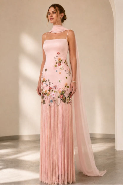 Floral Embroidered Fringe Column Gown with Shawl