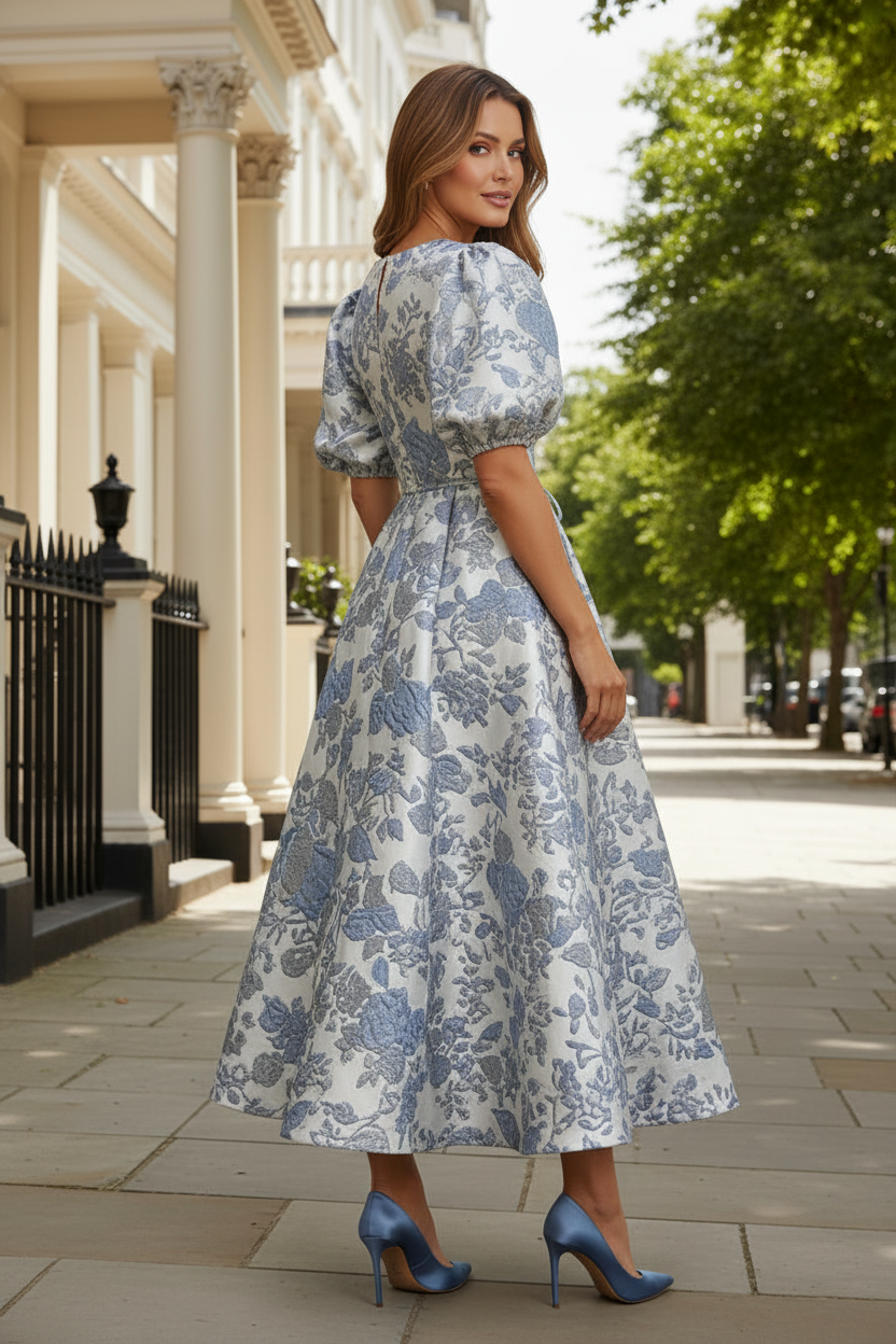 Floral Jacquard Midi Dress with Puff Sleeves & Tie Waist