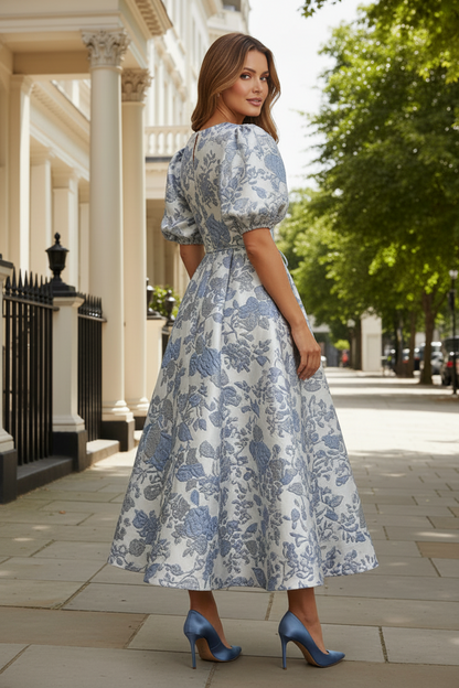 Floral Jacquard Midi Dress with Puff Sleeves & Tie Waist