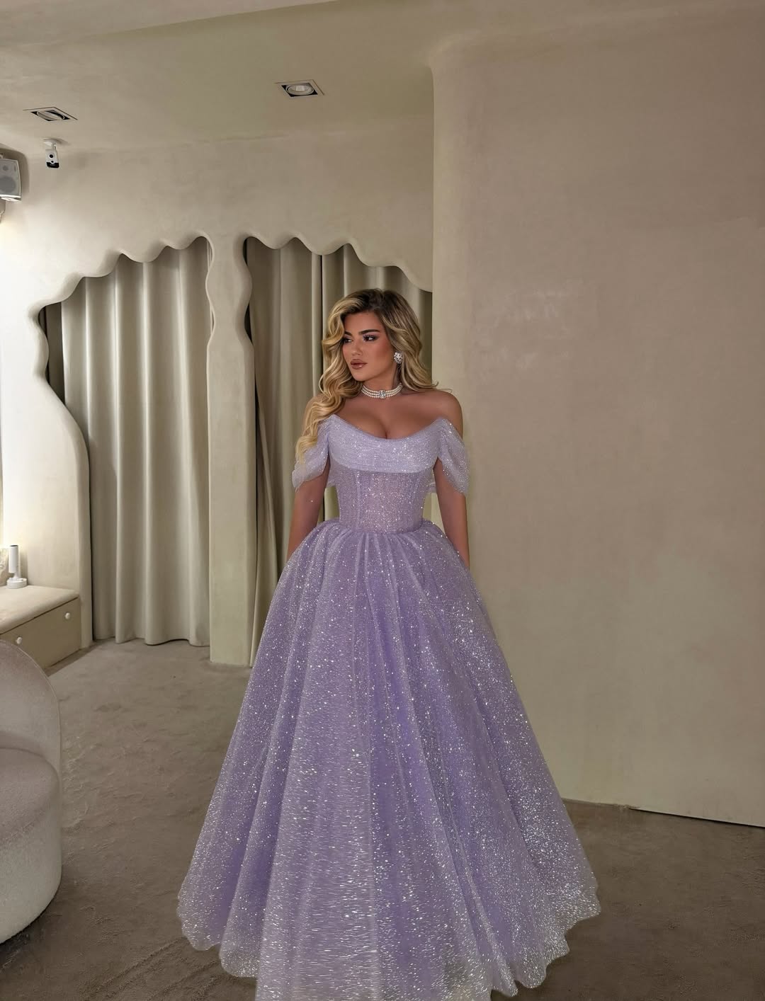 Off Shoulder Glitter Ball Gown