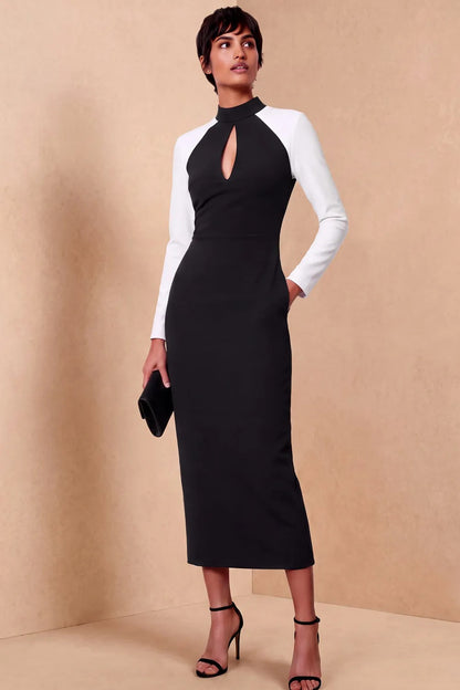 Colorblock High-Neck Keyhole Midi Dress