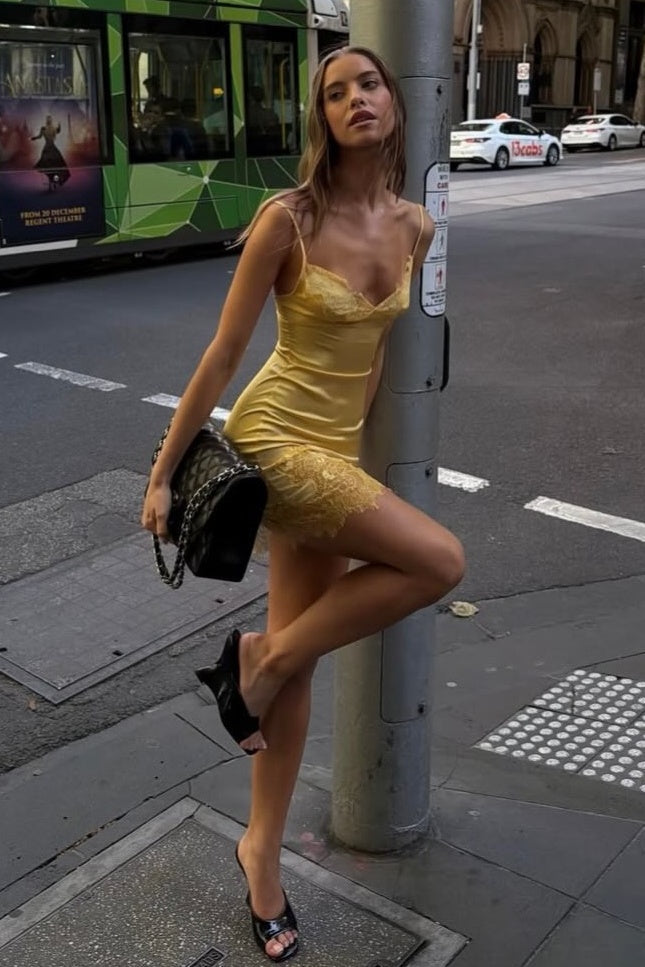 Lace-Trimmed Satin Slip Mini Dress