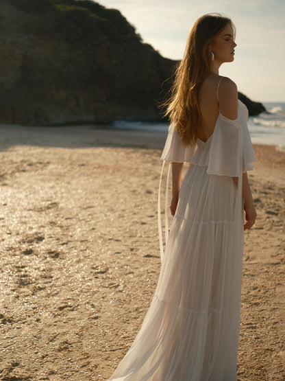 Off-the-Shoulder Tiered Chiffon Wedding Dress