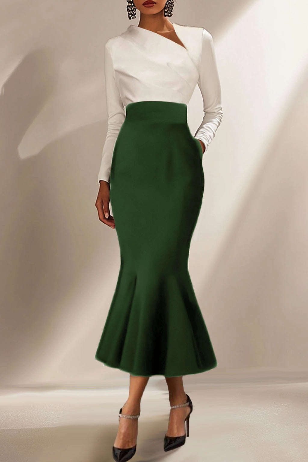 Two-Tone Long Sleeve Mermaid Midi Dress