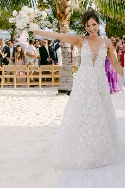 3D Floral Applique V-Neck A-Line Wedding Dress
