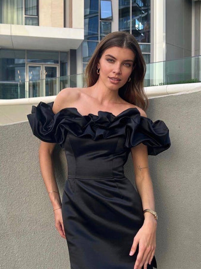 Dramatic Ruffle Off-Shoulder Mini Satin Dress