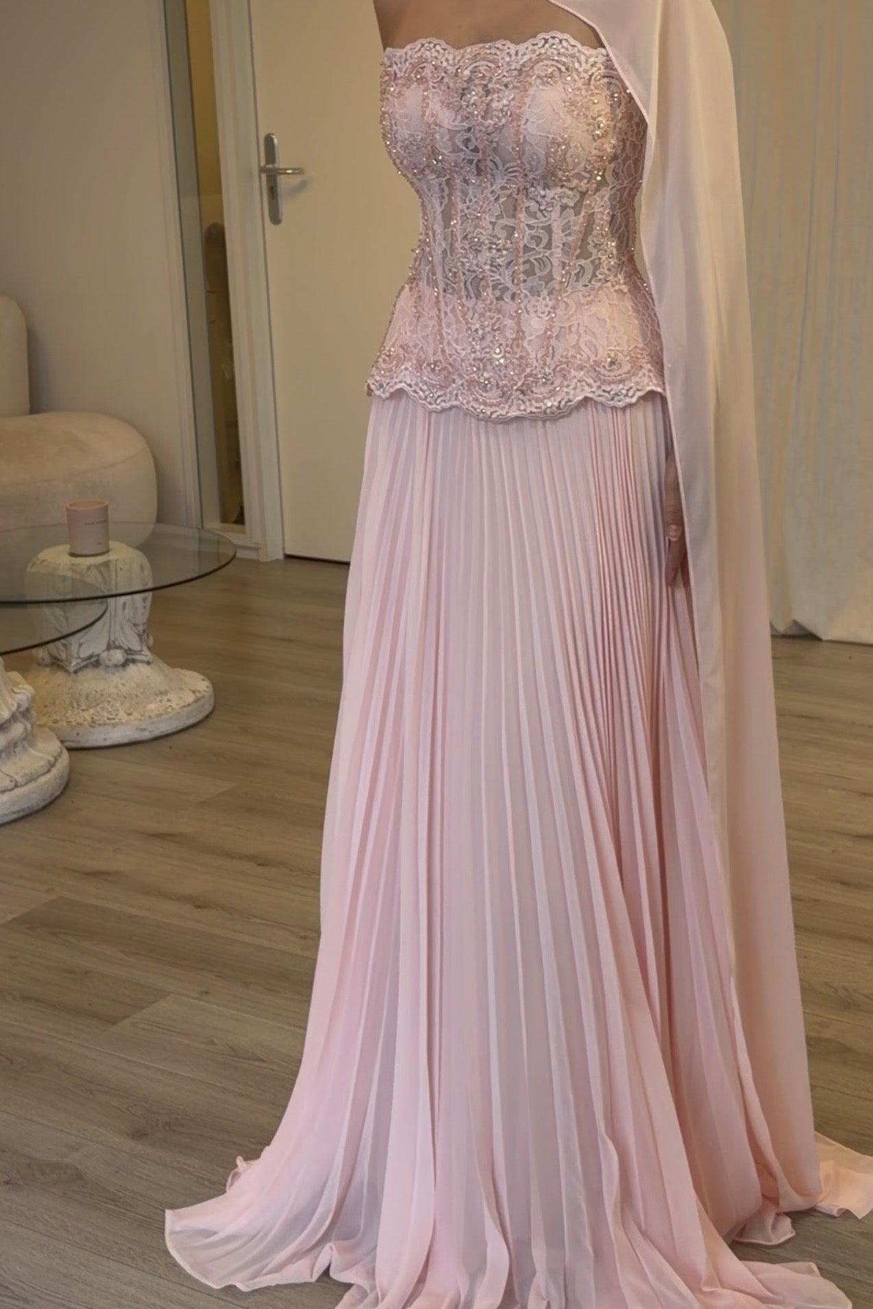 Pleated Chiffon A-Line Gown with Lace Corset Bodice