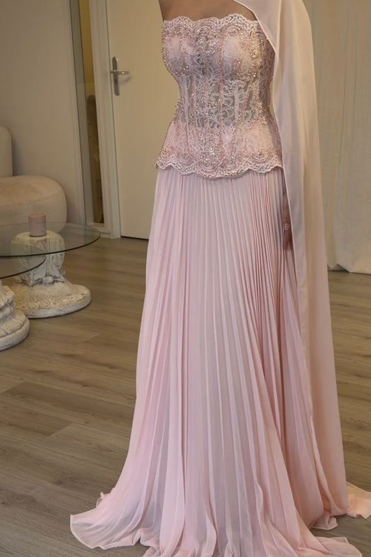 Pleated Chiffon A-Line Gown with Lace Corset Bodice