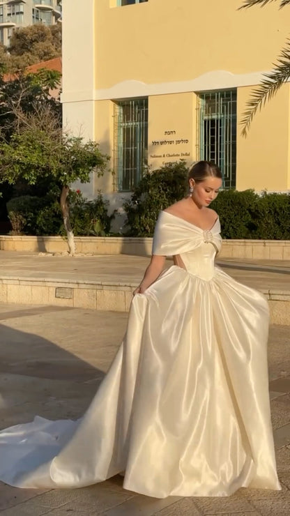Off-the-Shoulder Satin Ball Gown Wedding Dress
