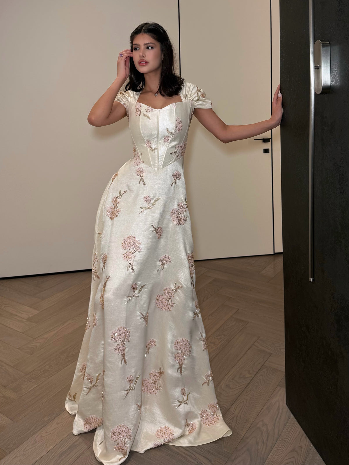 Embroidered Corset Gown with Cap Sleeves
