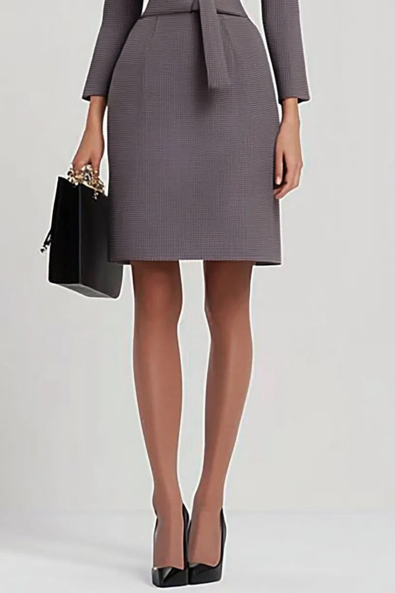 Split Neck Belted Sheath Dress with Long Sleeves