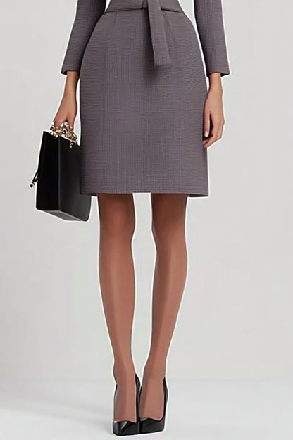 Split Neck Belted Sheath Dress with Long Sleeves