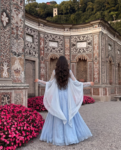 Illusion Lace High-Neck Cape Sleeve Evening Gown