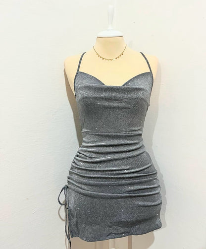 Glitter Spaghetti Strap Ruched Mini Dress with Gloves