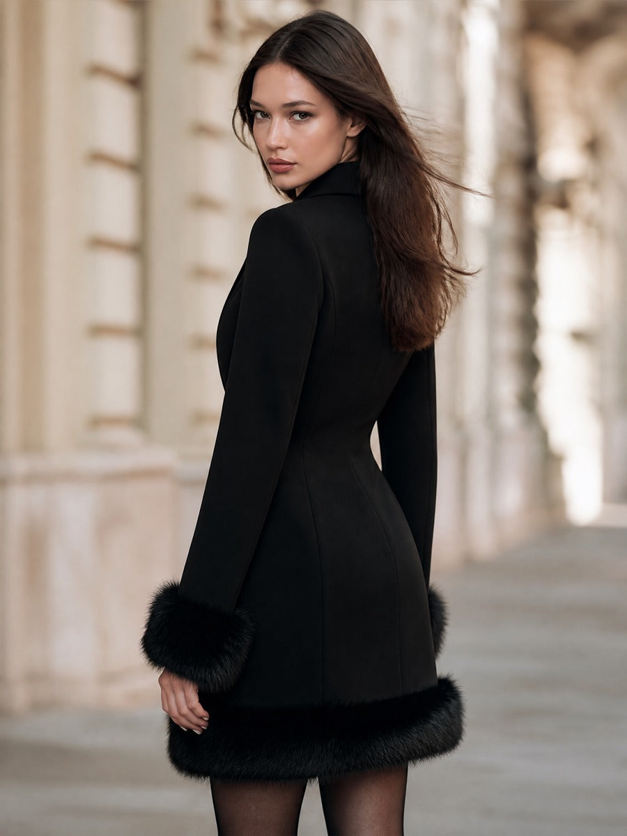 Double-Breasted Blazer Dress with Faux Fur Trim