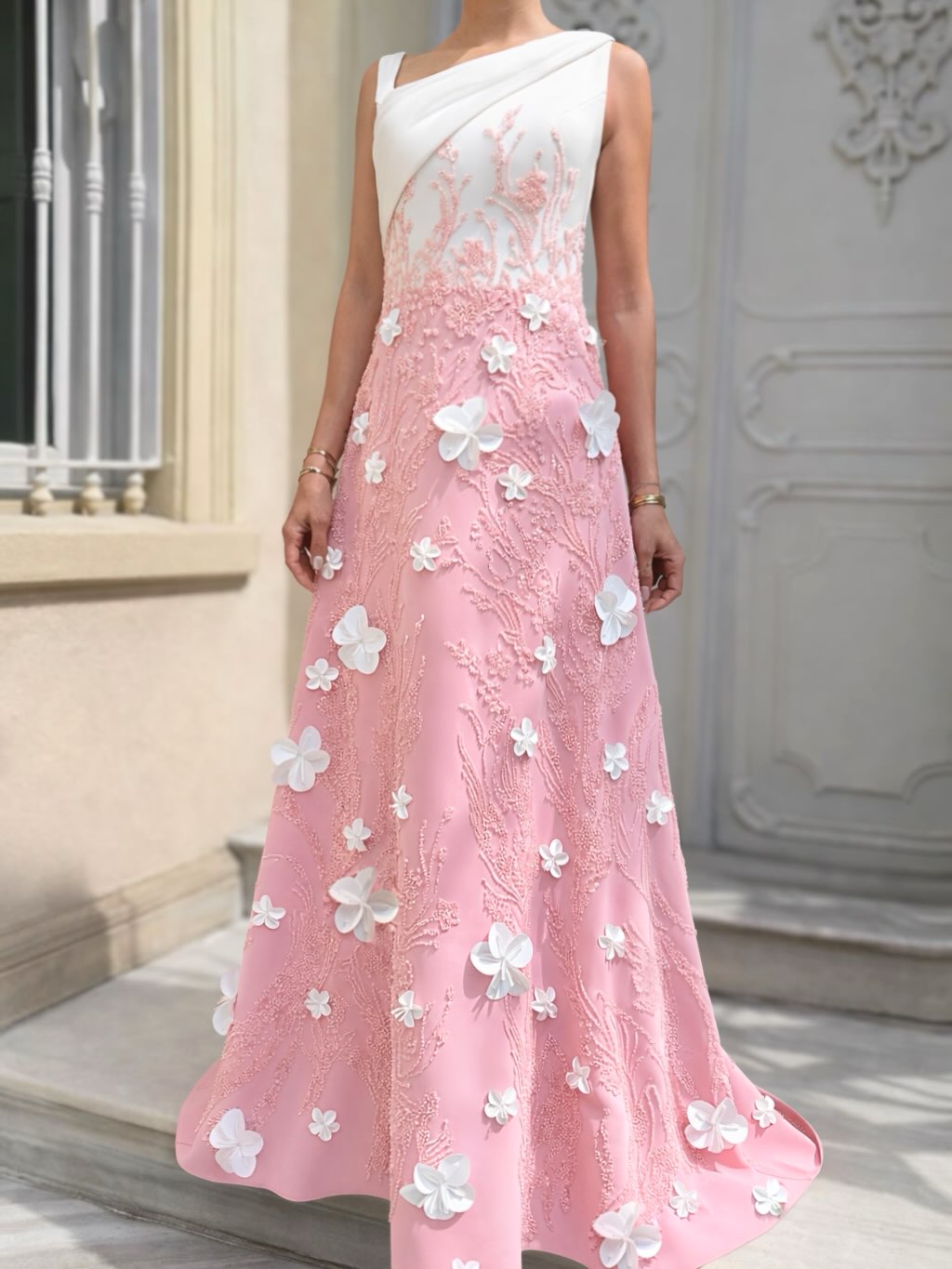Asymmetrical One-Shoulder 3D Floral A-Line Gown