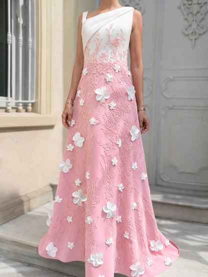 Asymmetrical One-Shoulder 3D Floral A-Line Gown