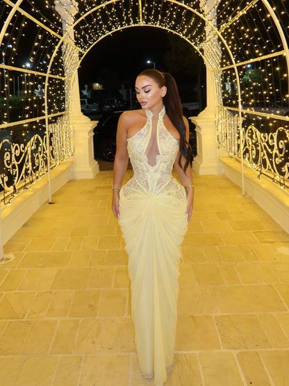 Halter Neck Corset Gown with Draped Skirt
