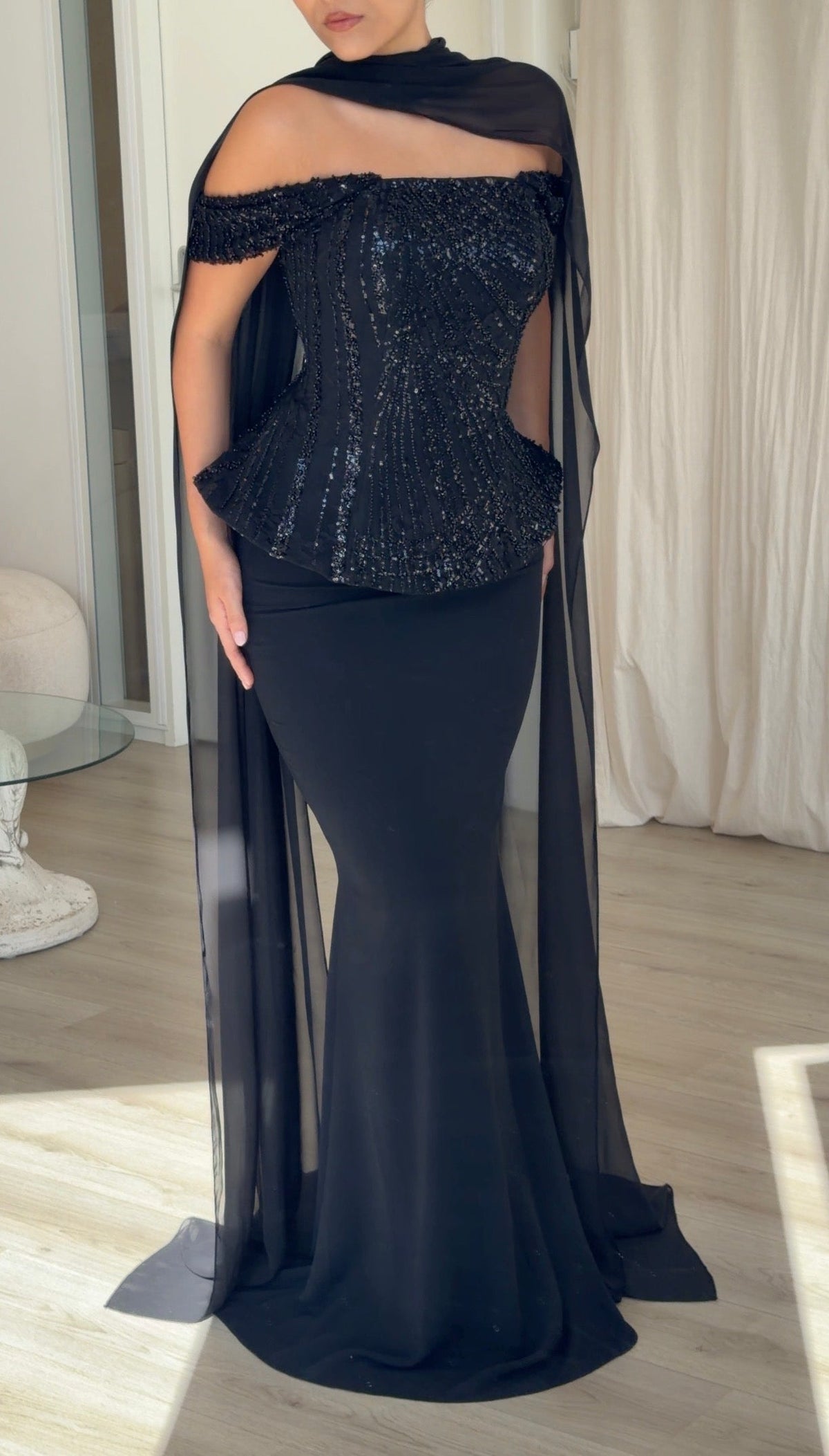 Sequined Peplum Evening Gown with Chiffon Cape