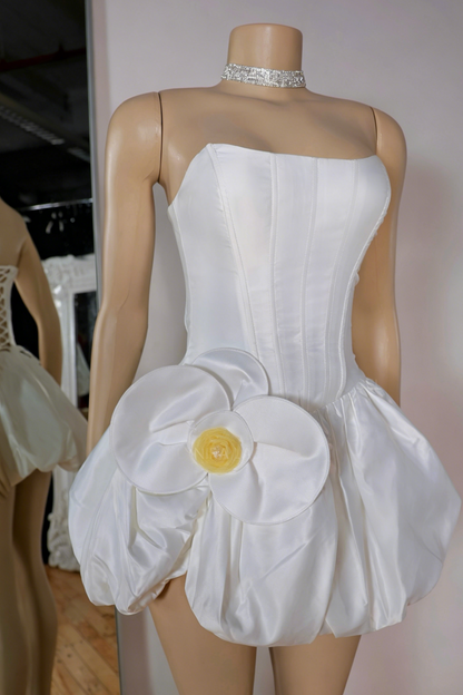 Strapless Corset Bubble Mini Dress with 3D Flower