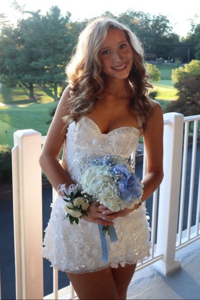 Sequin Floral Applique Mini Dress with Corset Bodice