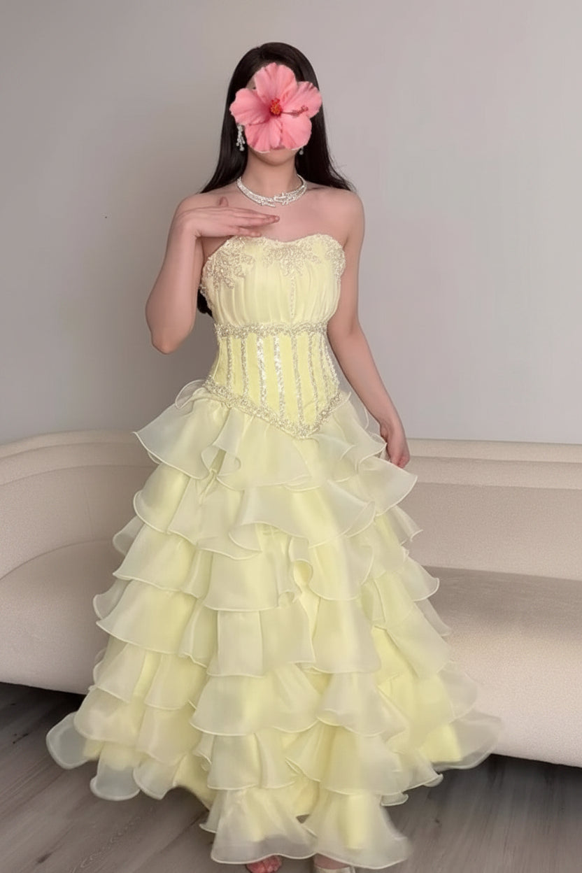 Strapless Tiered Ruffle Ball Gown with Beaded Bodice