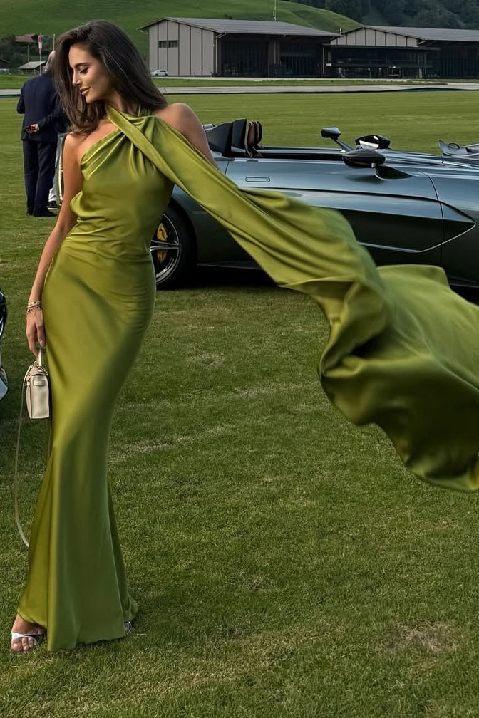 One Shoulder Satin Cape Backless Gown