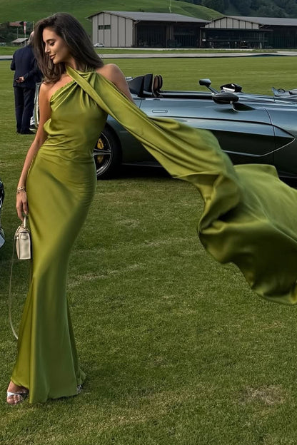 One Shoulder Satin Cape Backless Gown