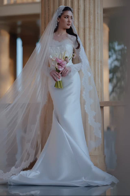 Long Sleeve Lace Corset Satin Trumpet Wedding Dress