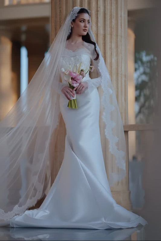 Long Sleeve Lace Corset Satin Trumpet Wedding Dress
