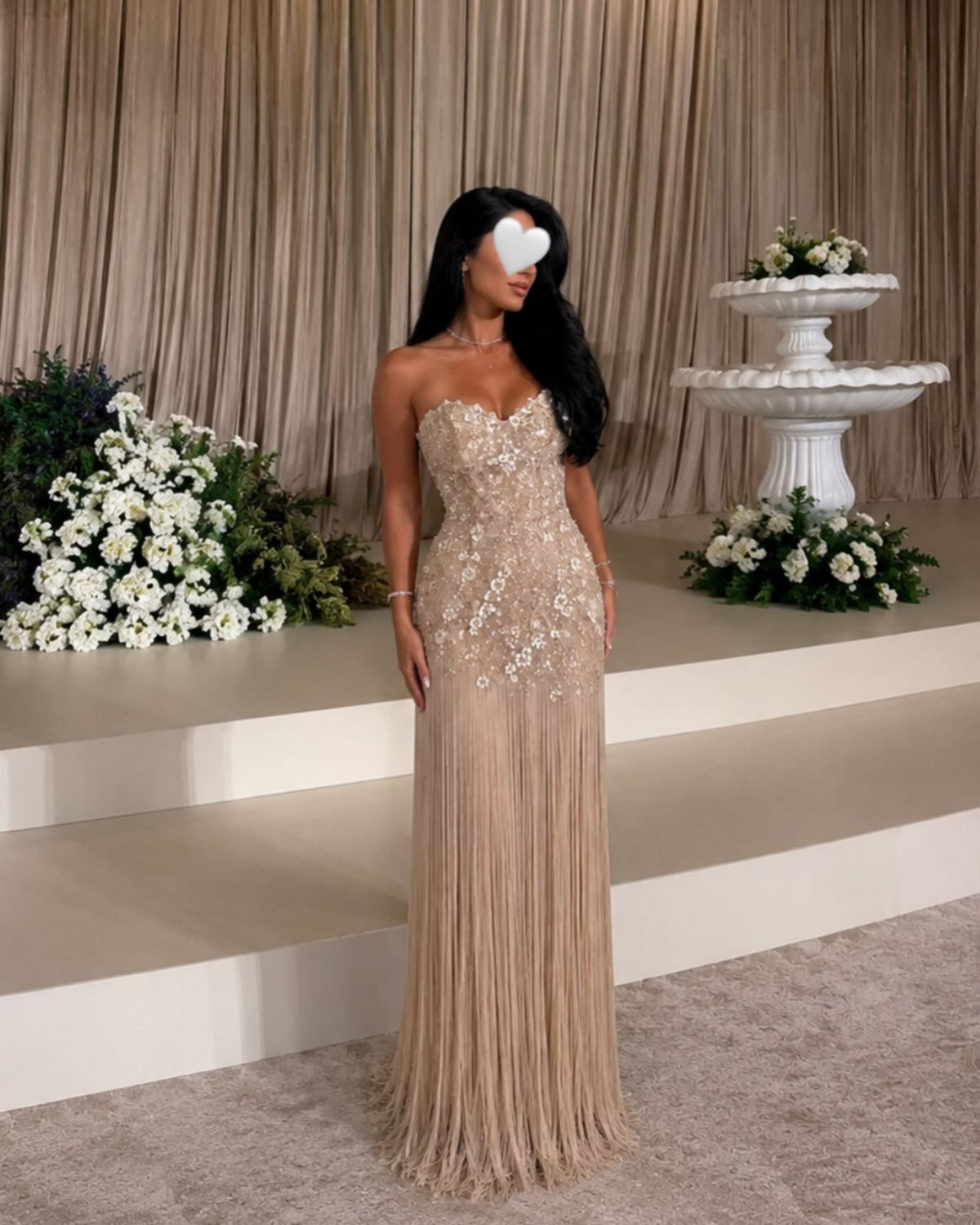 Embellished Fringe Strapless Evening Gown