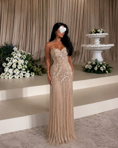 Embellished Fringe Strapless Evening Gown