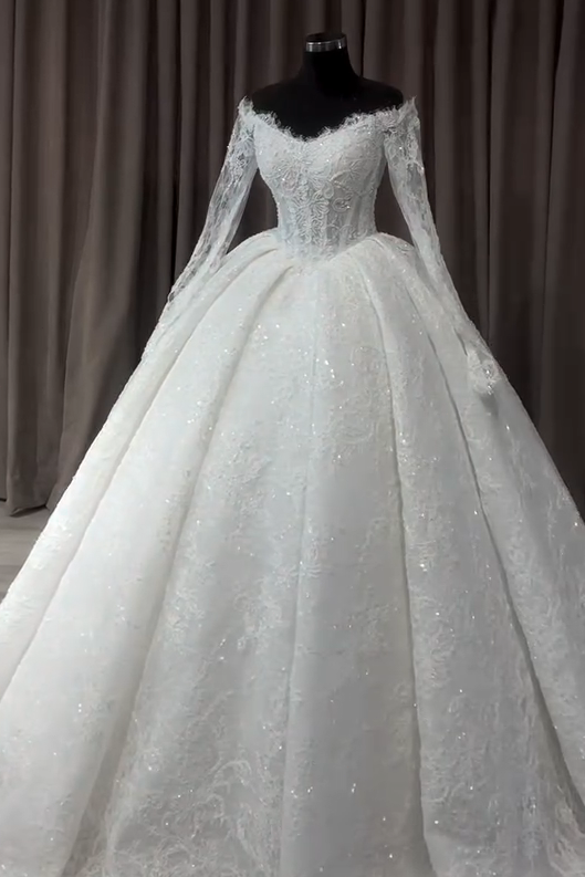 Off-Shoulder Lace Ball Gown Wedding Dress