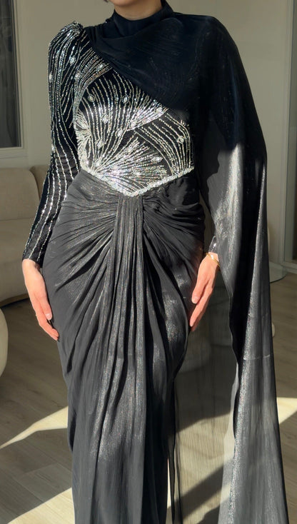 Beaded Bodice Draped Evening Gown with Cape